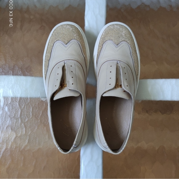 Giuseppe Zanotti Beige Leather Slip On Sneakers with Gold Studs Women's 39 - Picture 6 of 15